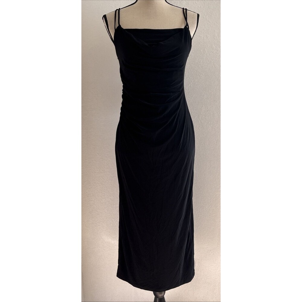 Zara Midi Dress Side Ruched Black Event Wedding Formal Straps Size Small